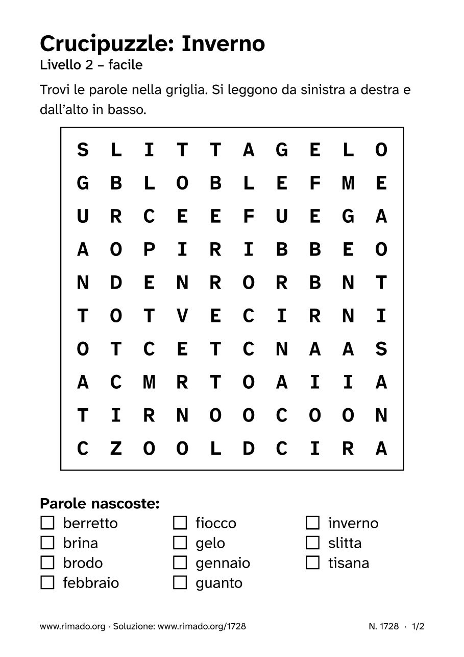 Anteprima del foglio stampato: Crucipuzzle «Inverno», n. 1728