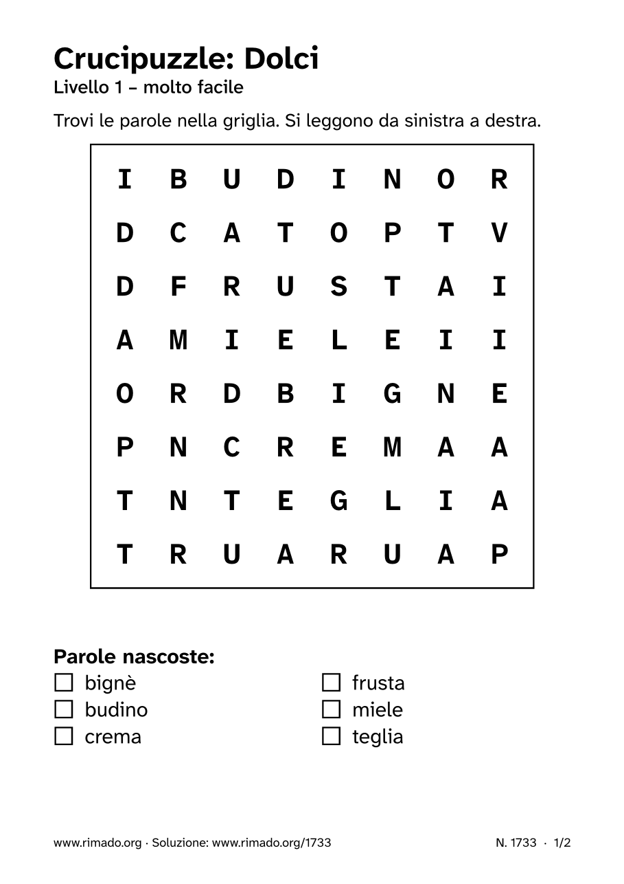 Anteprima del foglio stampato: Crucipuzzle «Dolci», n. 1733