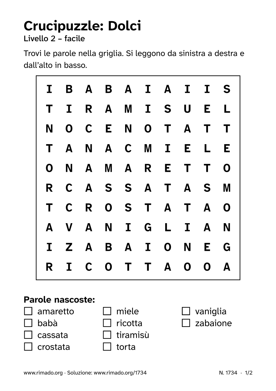 Anteprima del foglio stampato: Crucipuzzle «Dolci», n. 1734