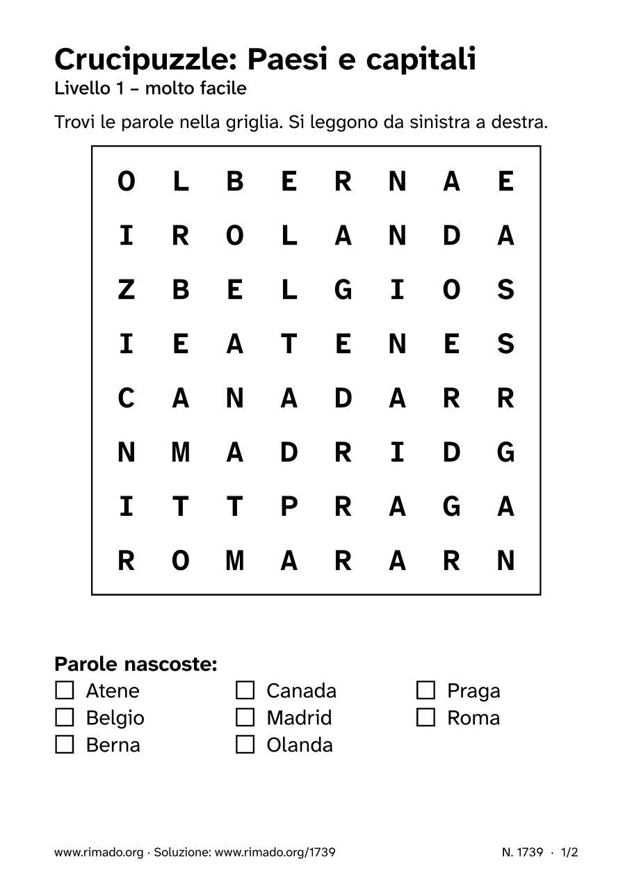 Anteprima del foglio stampato: Crucipuzzle «Paesi e capitali», n. 1739