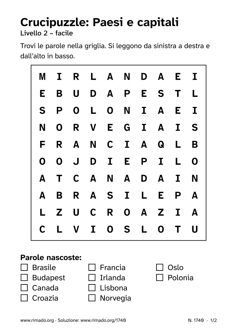 Anteprima del foglio stampato: Crucipuzzle «Paesi e capitali», n. 1740