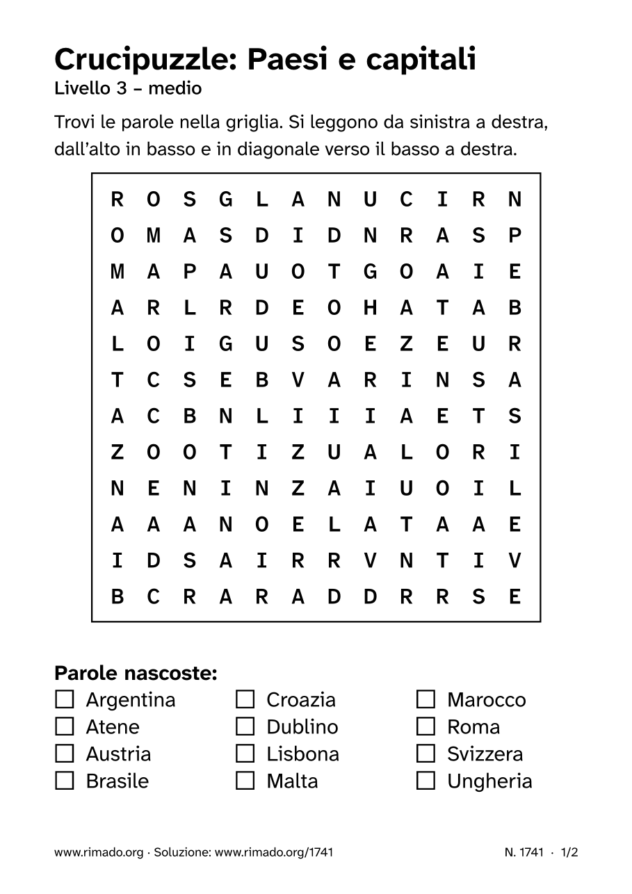 Anteprima del foglio stampato: Crucipuzzle «Paesi e capitali», n. 1741