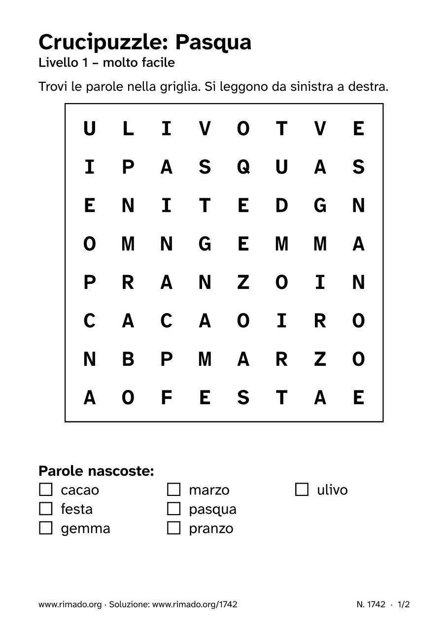 Anteprima del foglio stampato: Crucipuzzle «Pasqua», n. 1742