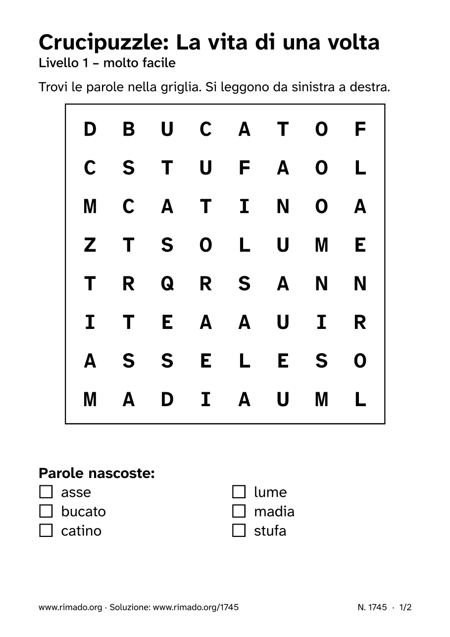 Anteprima del foglio stampato: Crucipuzzle «La vita di una volta», n. 1745