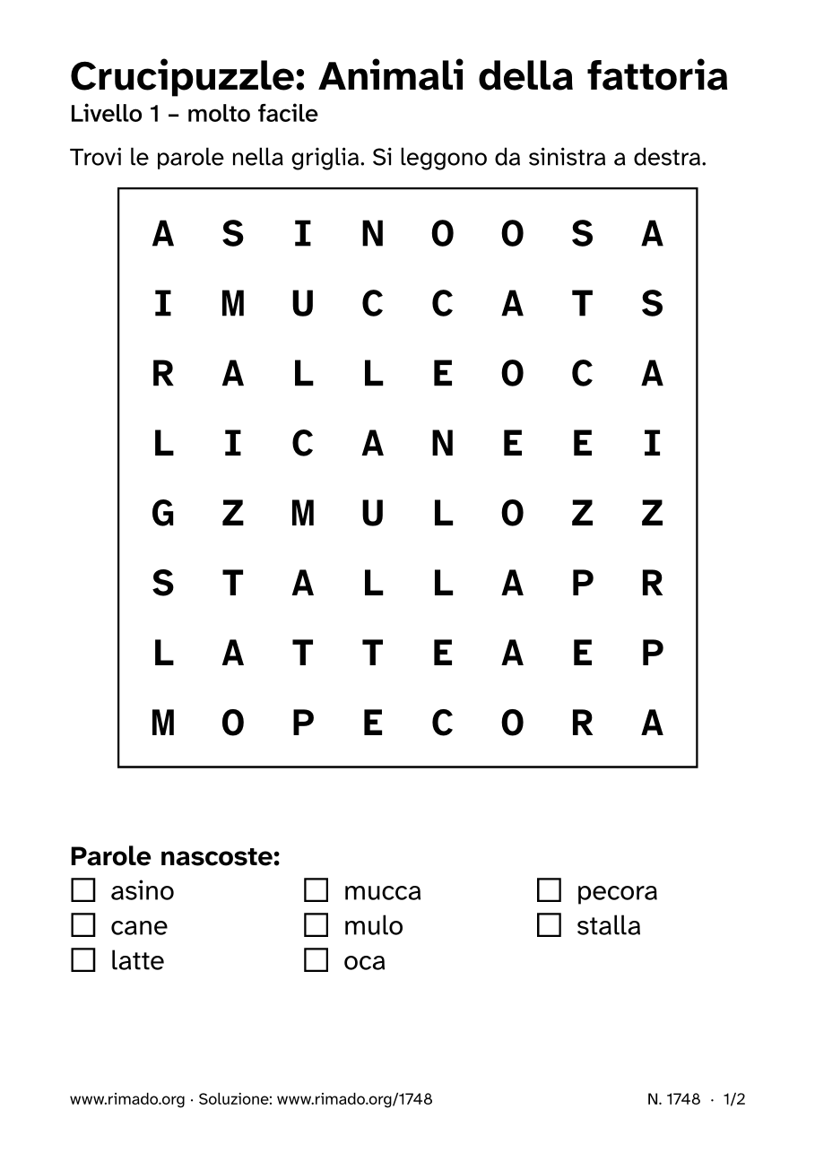 Anteprima del foglio stampato: Crucipuzzle «Animali della fattoria», n. 1748