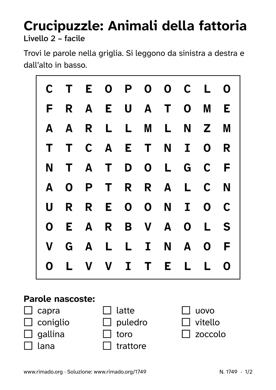 Anteprima del foglio stampato: Crucipuzzle «Animali della fattoria», n. 1749