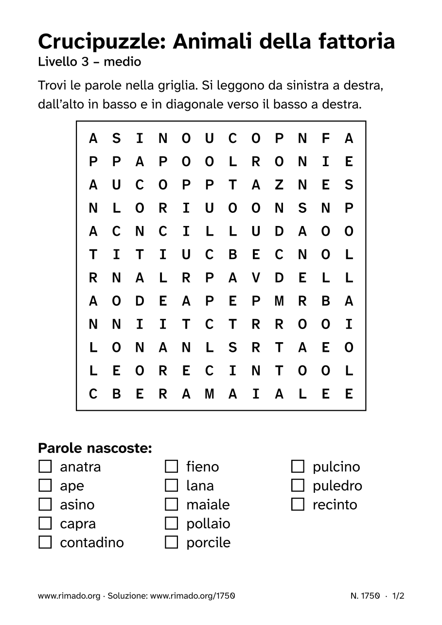 Anteprima del foglio stampato: Crucipuzzle «Animali della fattoria», n. 1750