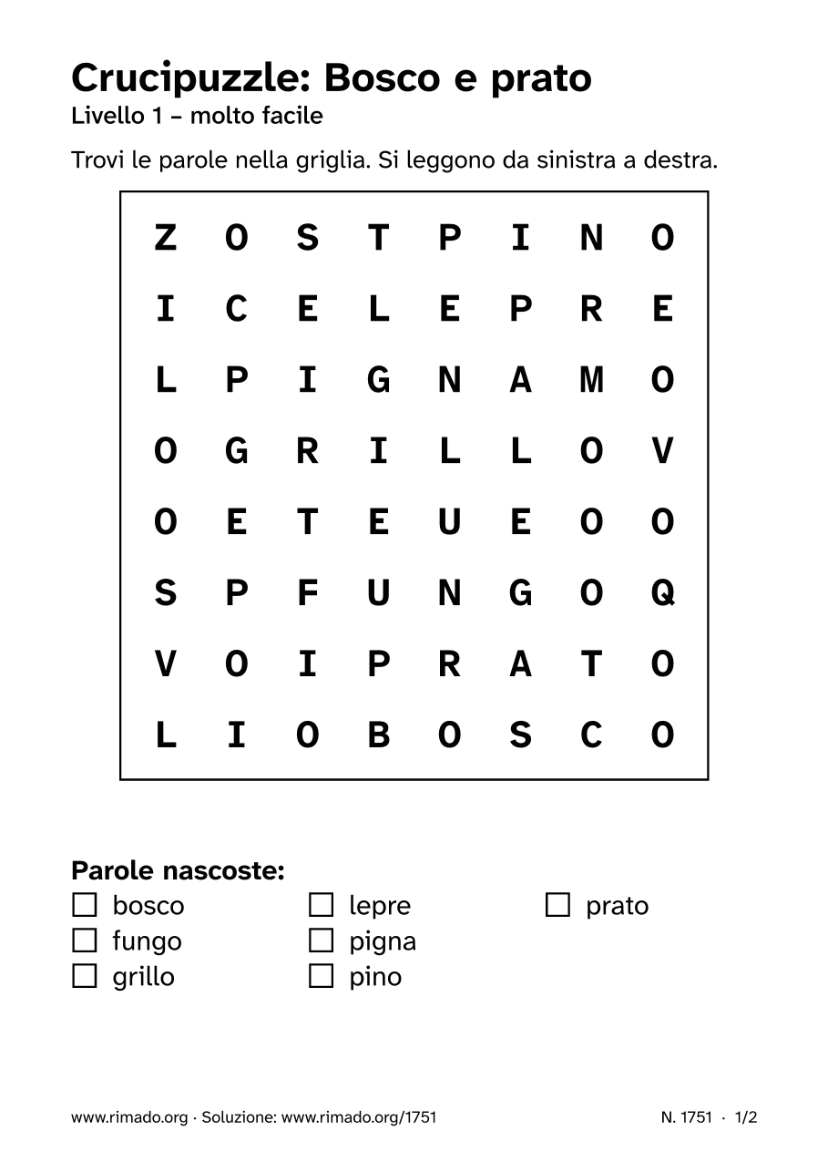 Anteprima del foglio stampato: Crucipuzzle «Bosco e prato», n. 1751
