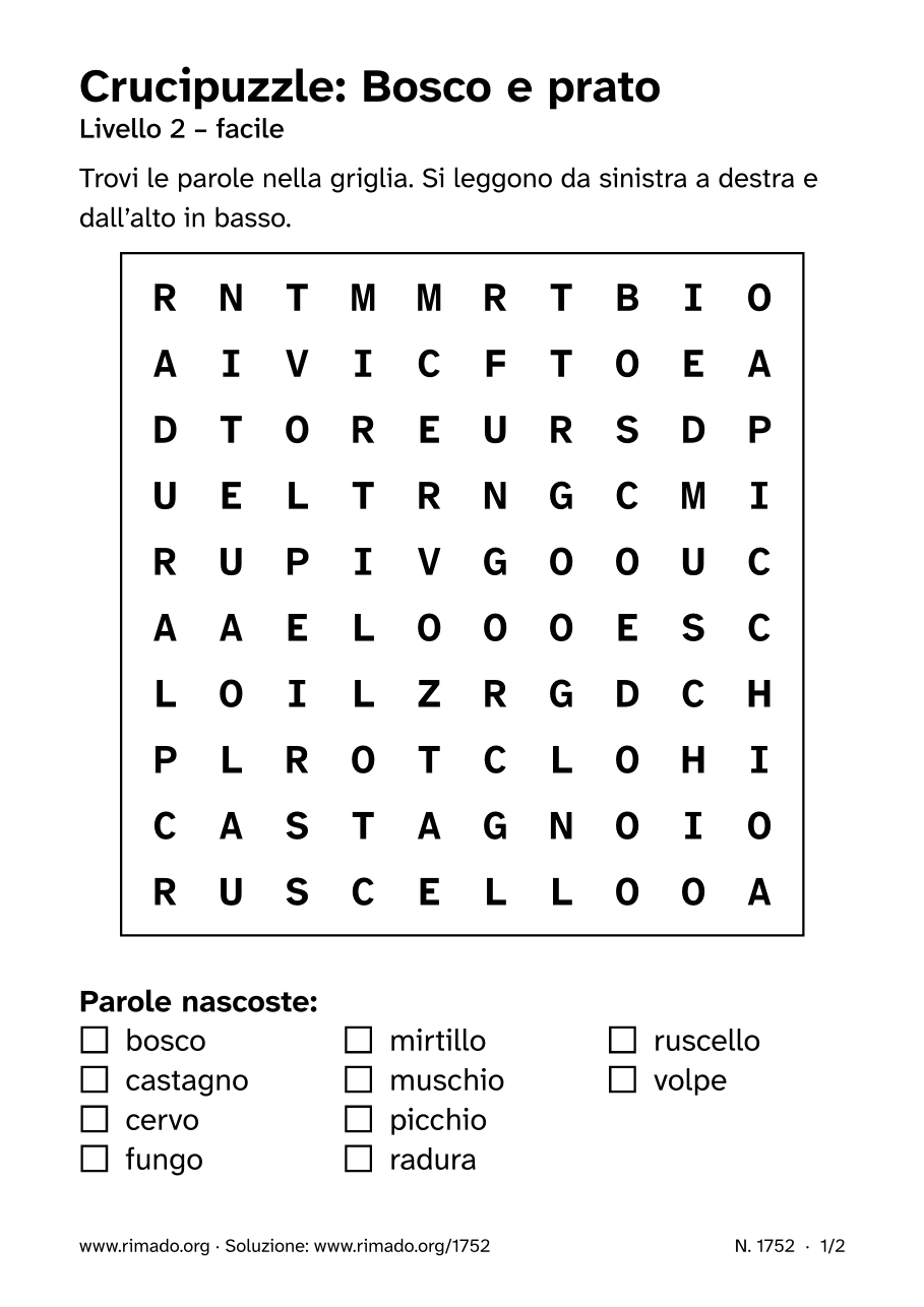 Anteprima del foglio stampato: Crucipuzzle «Bosco e prato», n. 1752