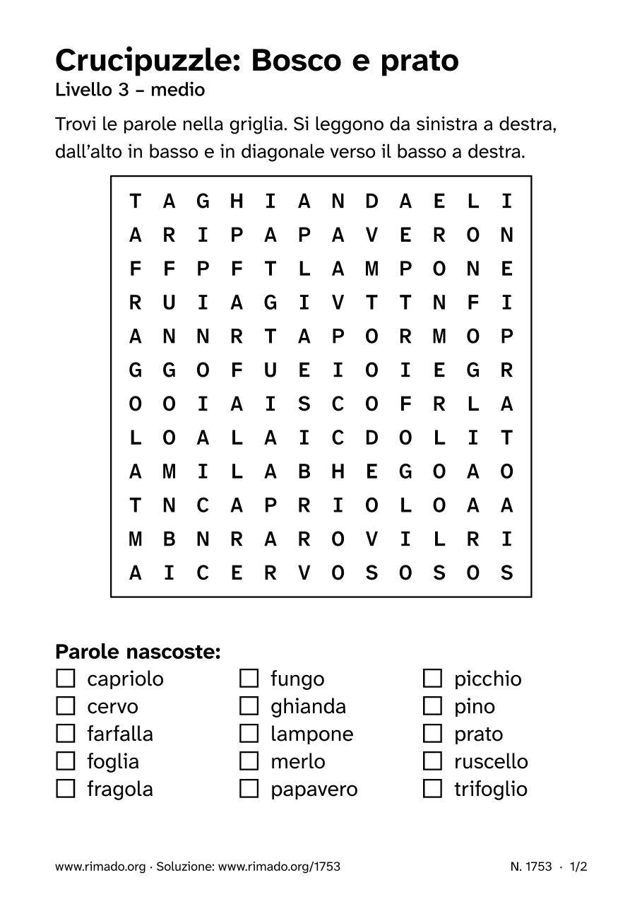 Anteprima del foglio stampato: Crucipuzzle «Bosco e prato», n. 1753