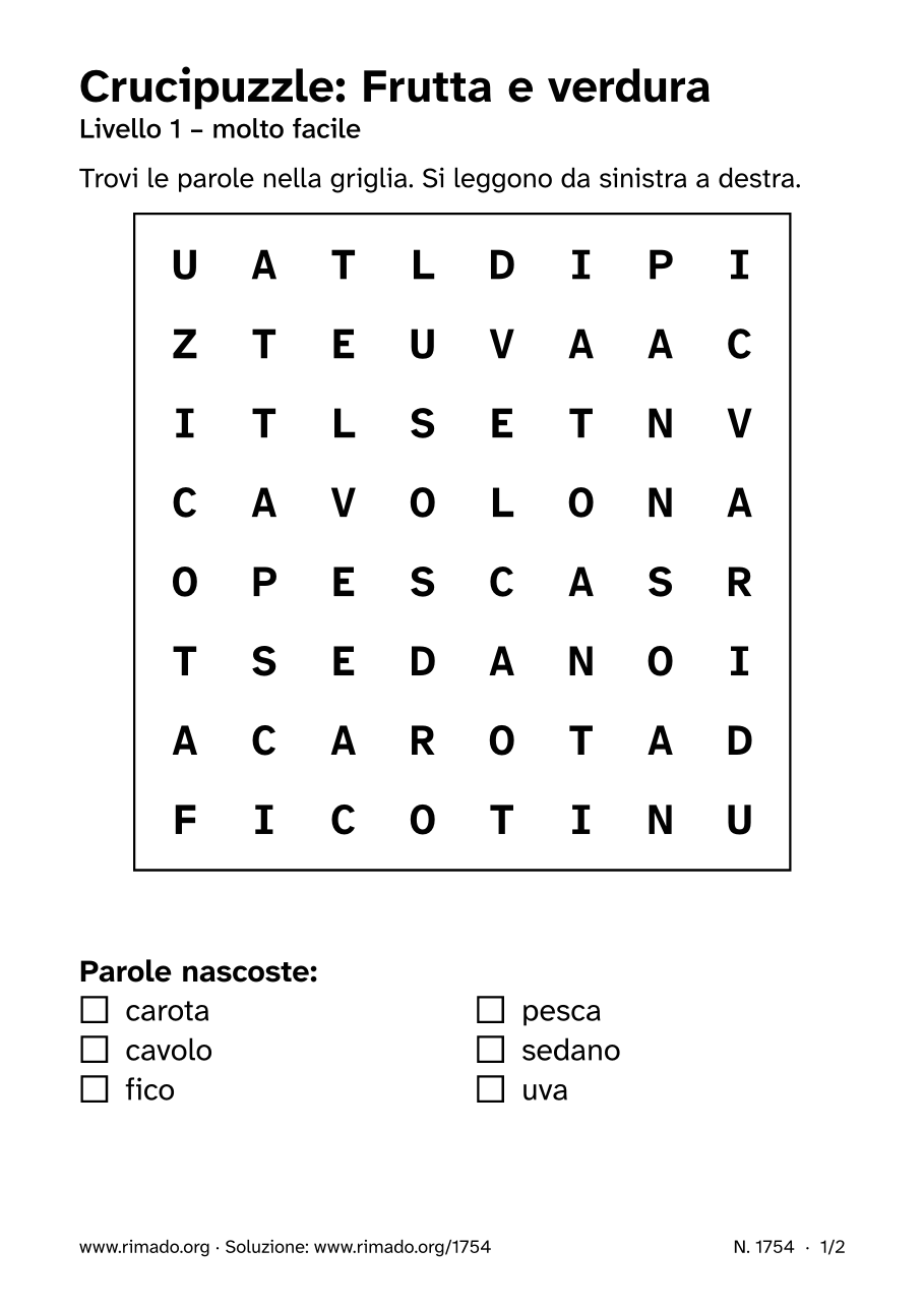 Anteprima del foglio stampato: Crucipuzzle «Frutta e verdura», n. 1754