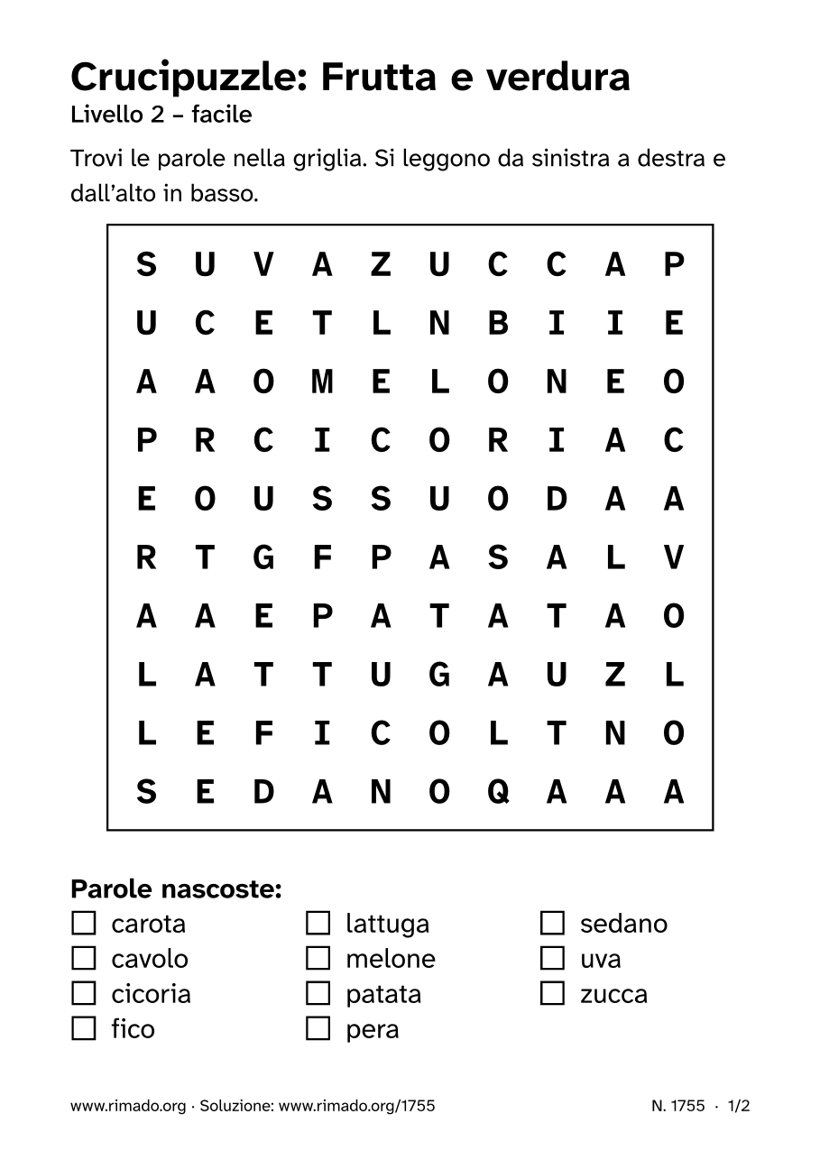 Anteprima del foglio stampato: Crucipuzzle «Frutta e verdura», n. 1755