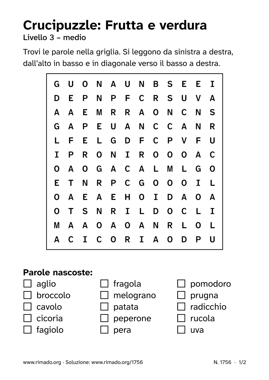 Anteprima del foglio stampato: Crucipuzzle «Frutta e verdura», n. 1756