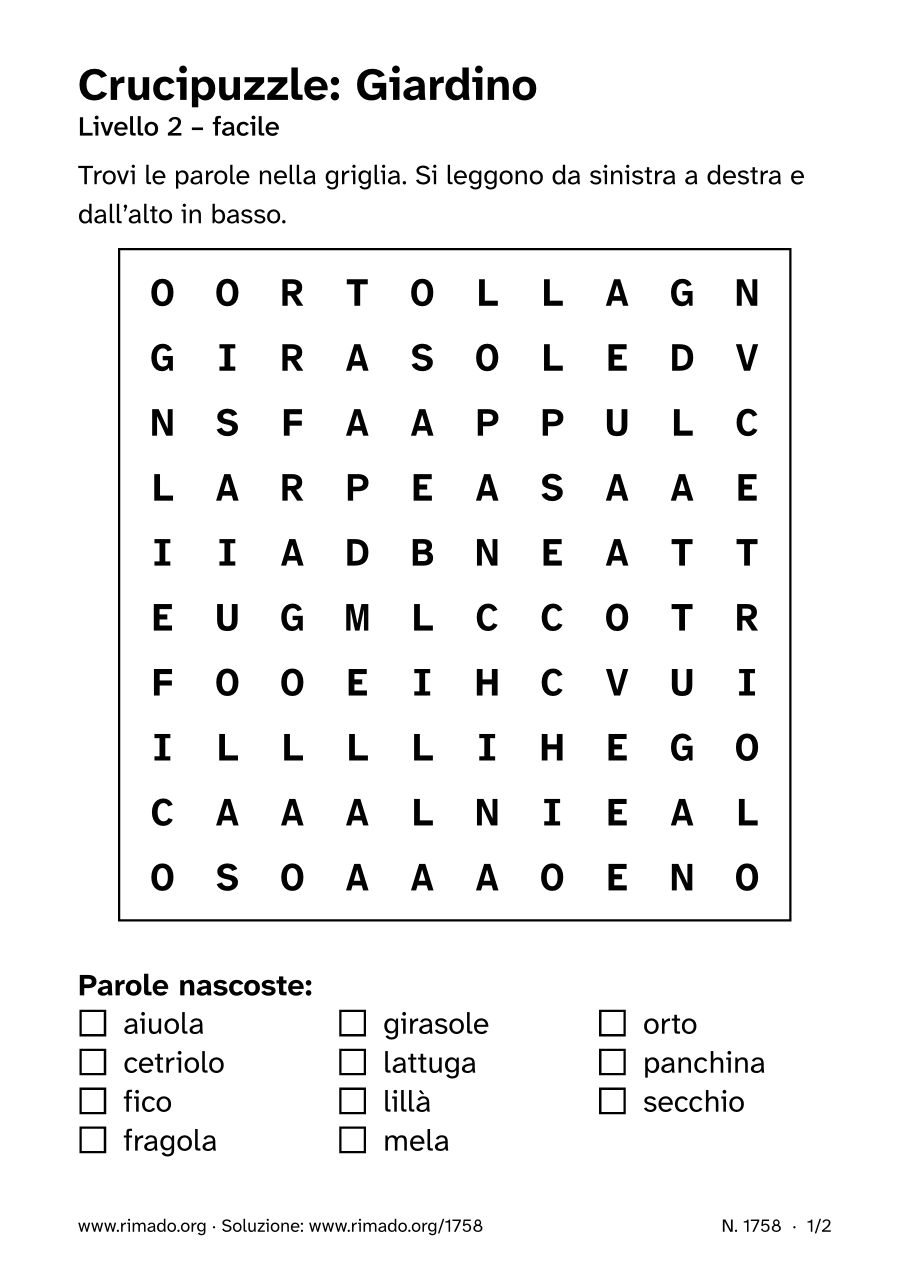 Anteprima del foglio stampato: Crucipuzzle «Giardino», n. 1758