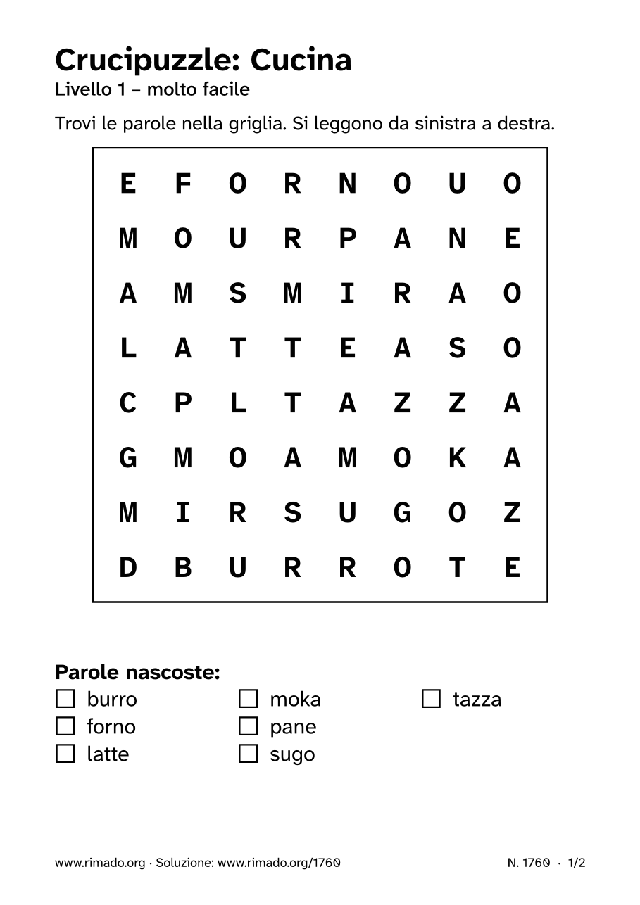 Anteprima del foglio stampato: Crucipuzzle «Cucina», n. 1760
