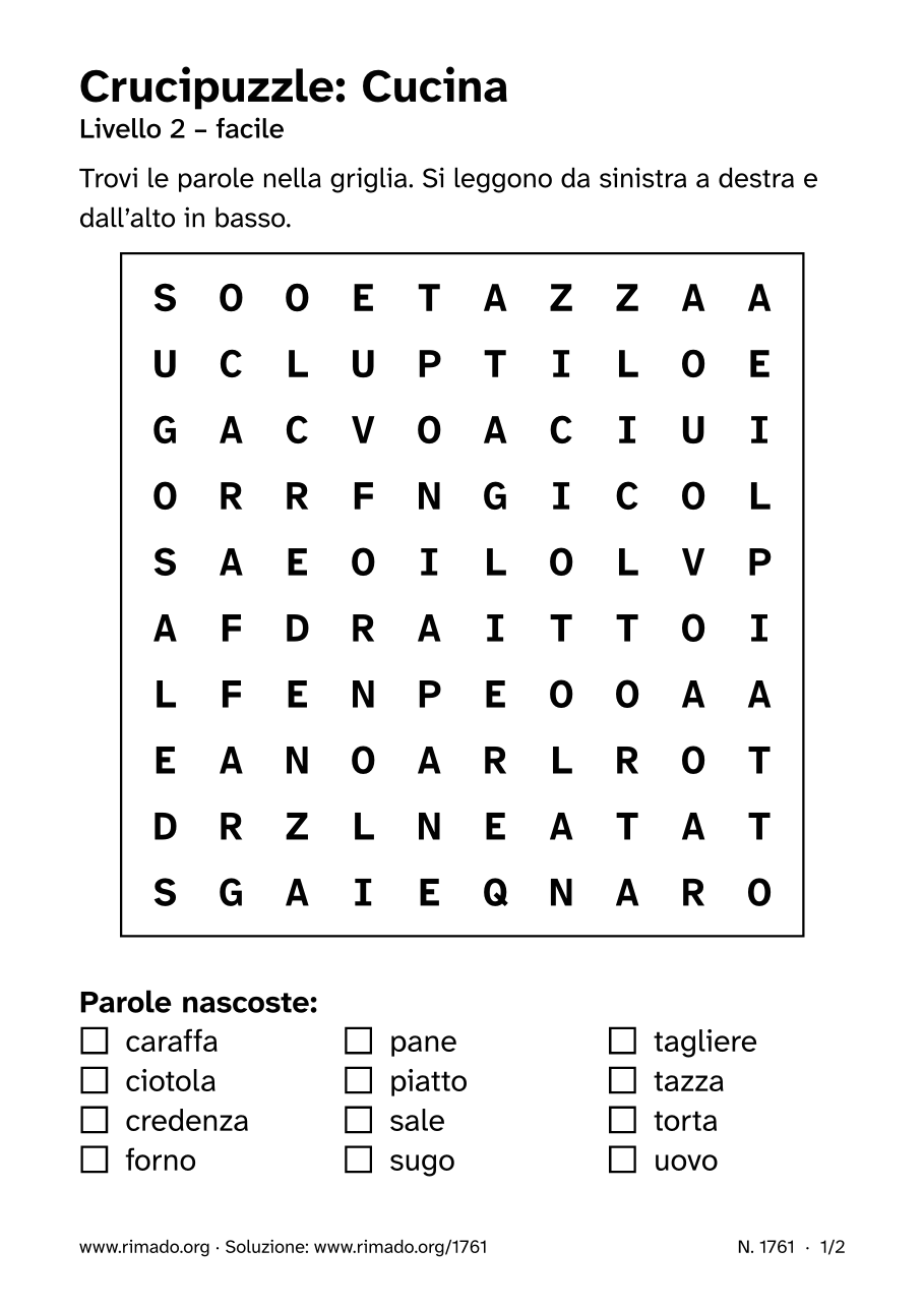 Anteprima del foglio stampato: Crucipuzzle «Cucina», n. 1761