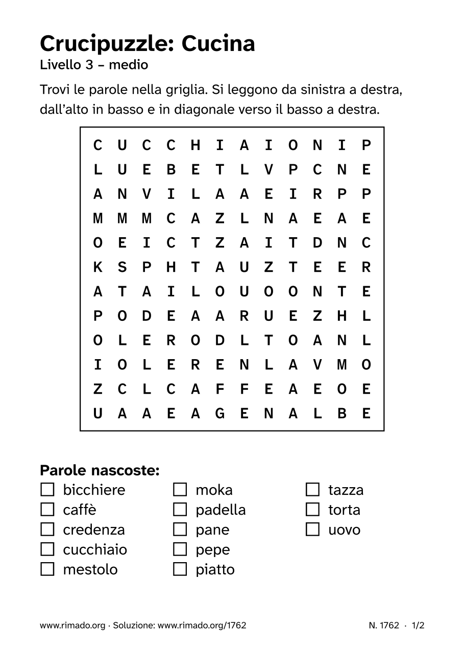 Anteprima del foglio stampato: Crucipuzzle «Cucina», n. 1762