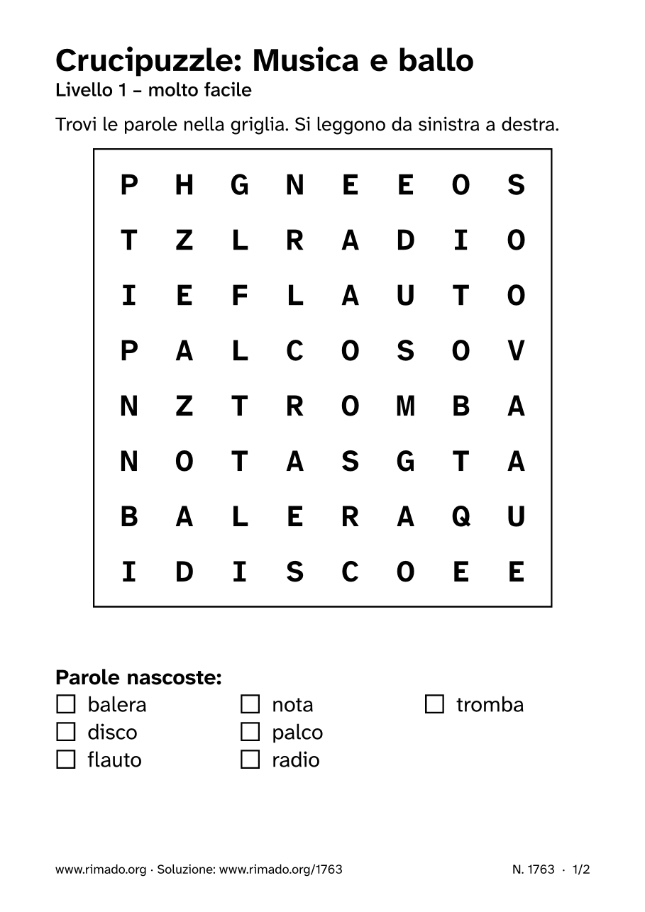 Anteprima del foglio stampato: Crucipuzzle «Musica e ballo», n. 1763