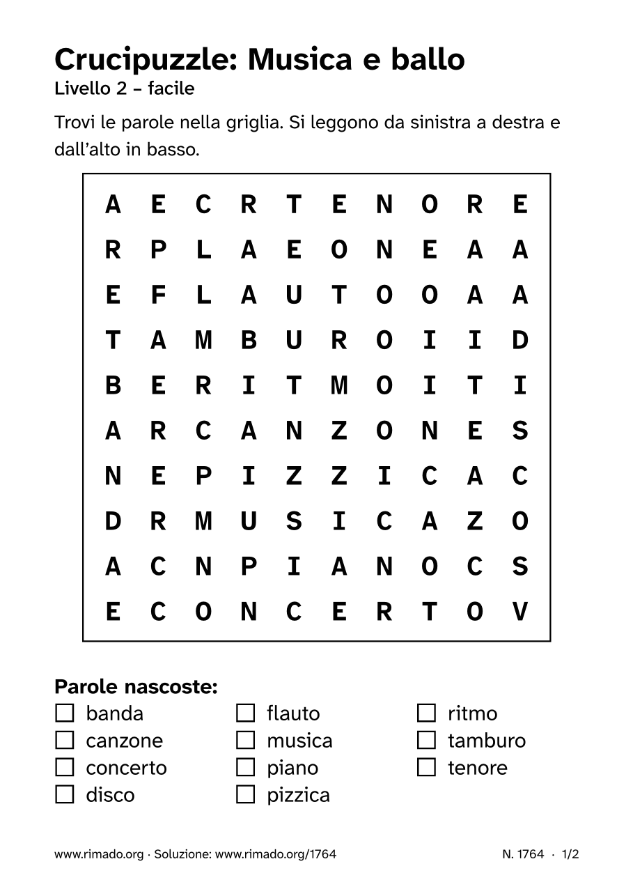 Anteprima del foglio stampato: Crucipuzzle «Musica e ballo», n. 1764