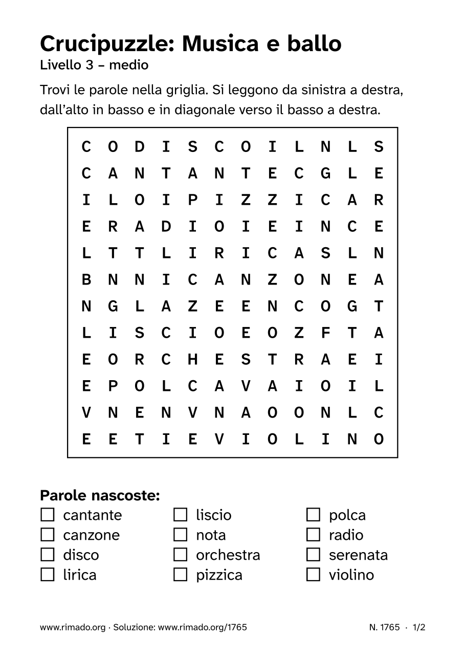 Anteprima del foglio stampato: Crucipuzzle «Musica e ballo», n. 1765