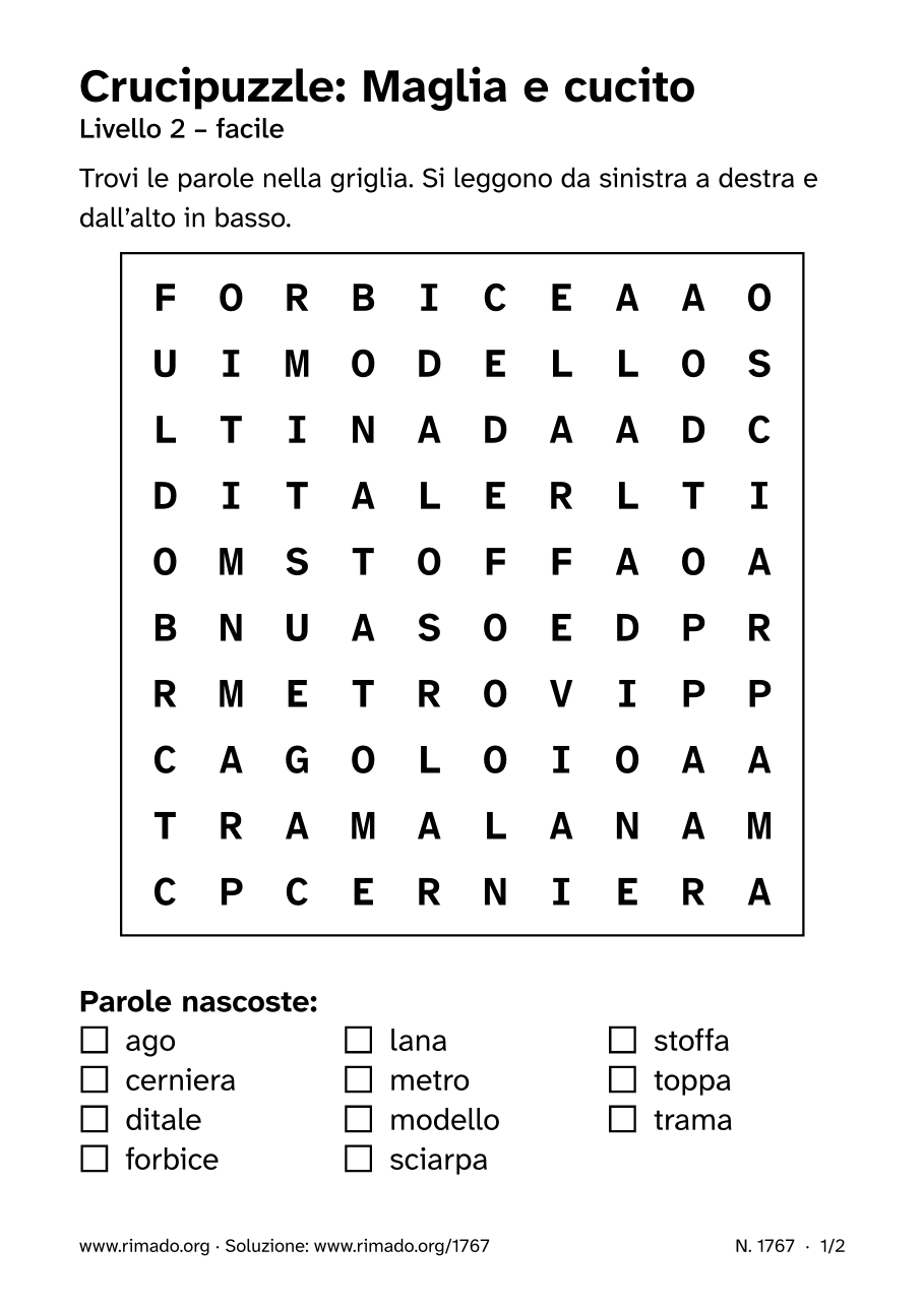 Anteprima del foglio stampato: Crucipuzzle «Maglia e cucito», n. 1767