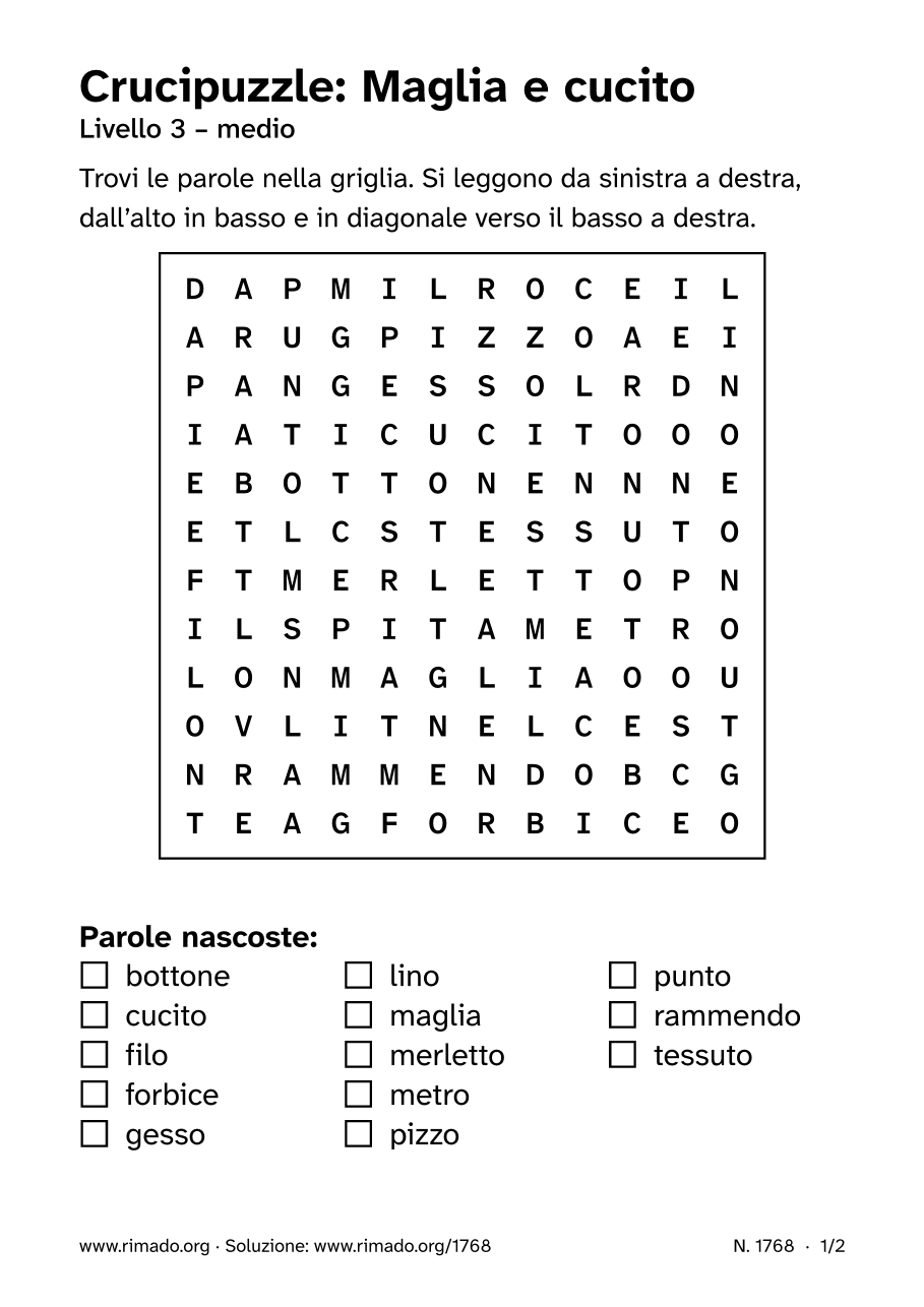 Anteprima del foglio stampato: Crucipuzzle «Maglia e cucito», n. 1768