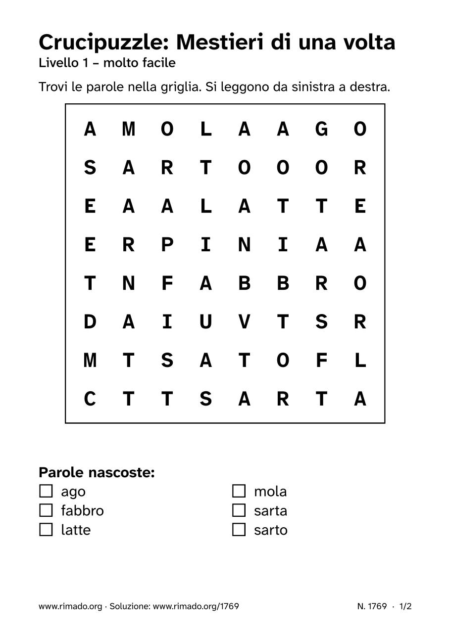 Anteprima del foglio stampato: Crucipuzzle «Mestieri di una volta», n. 1769