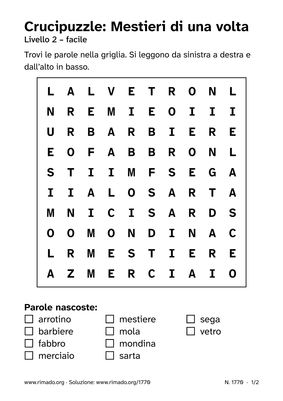 Anteprima del foglio stampato: Crucipuzzle «Mestieri di una volta», n. 1770