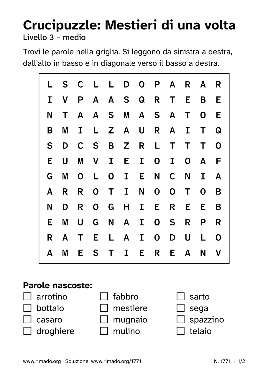 Anteprima del foglio stampato: Crucipuzzle «Mestieri di una volta», n. 1771