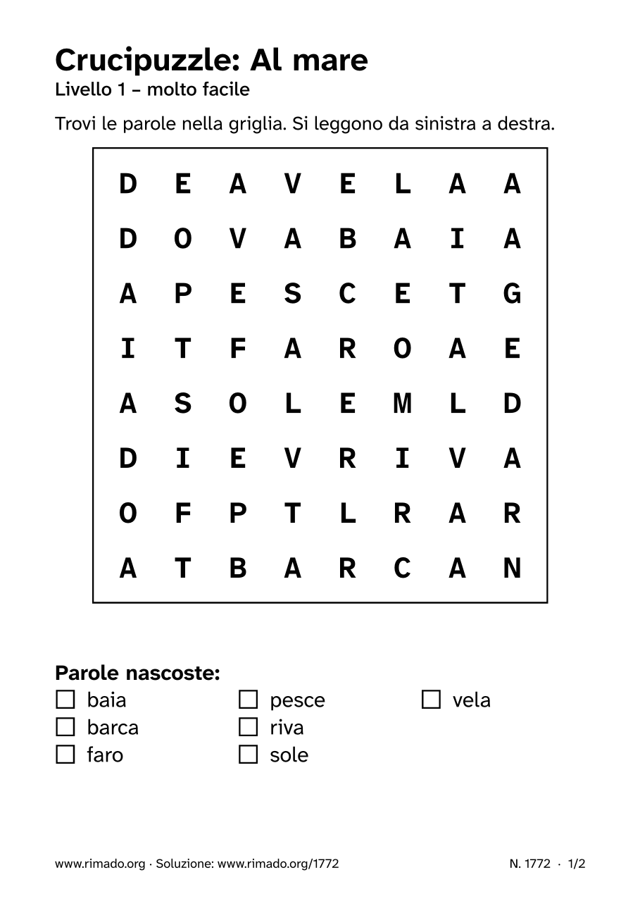 Anteprima del foglio stampato: Crucipuzzle «Al mare», n. 1772