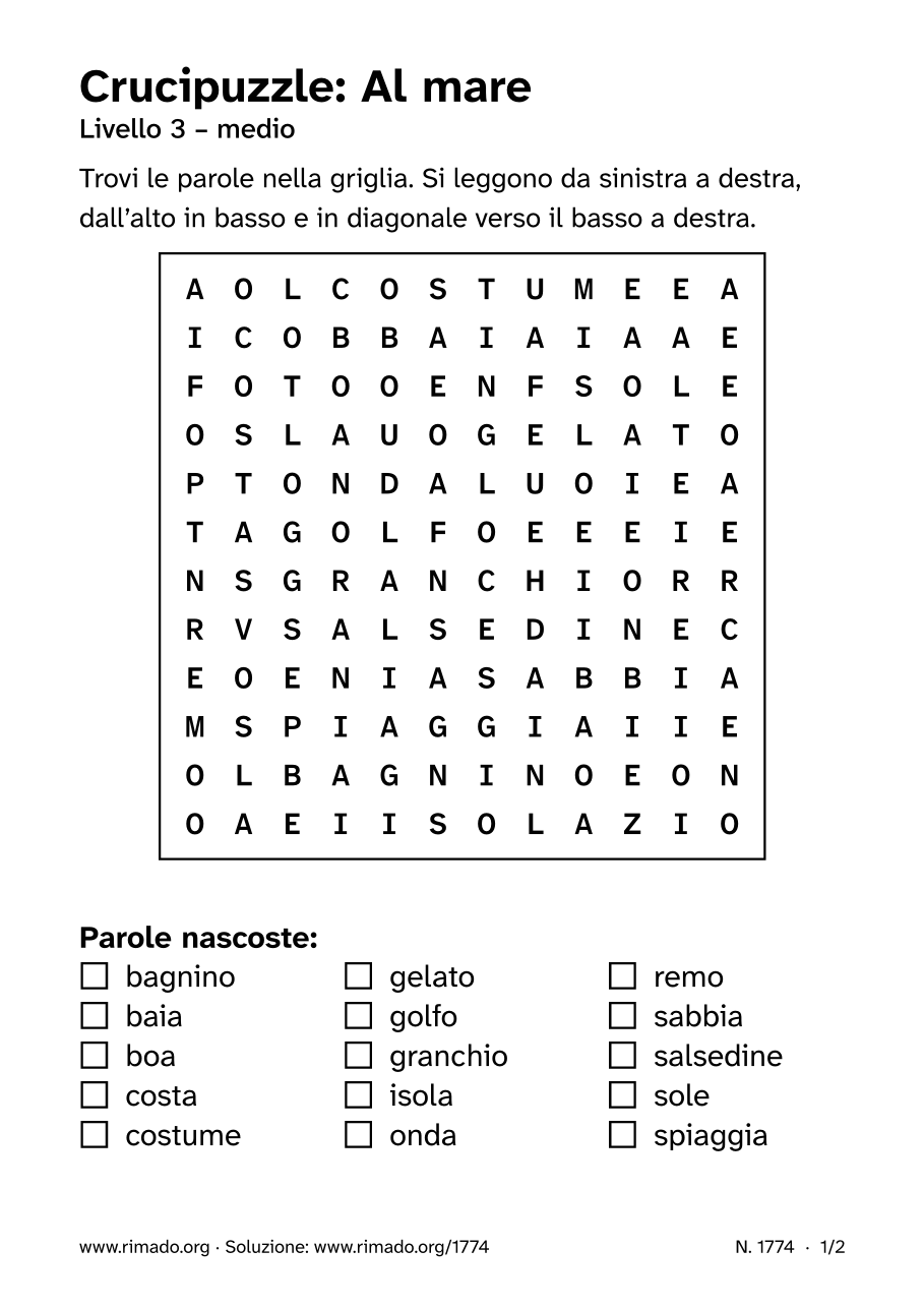 Anteprima del foglio stampato: Crucipuzzle «Al mare», n. 1774