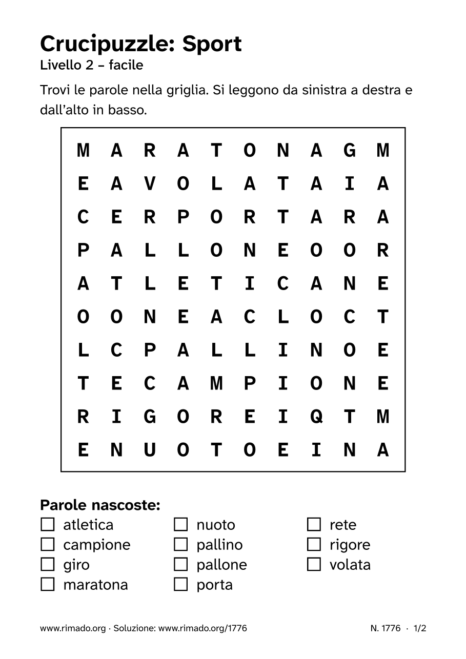 Anteprima del foglio stampato: Crucipuzzle «Sport», n. 1776