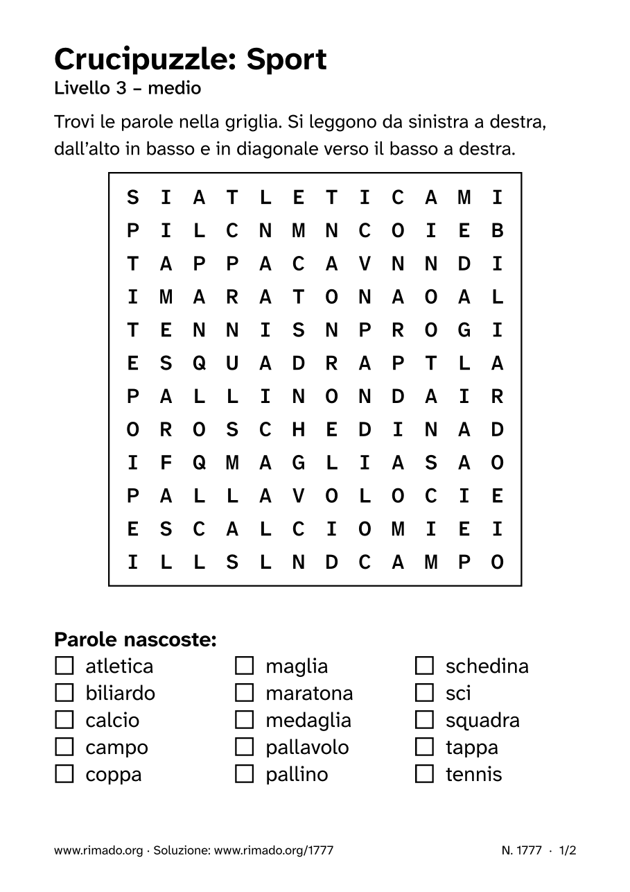 Anteprima del foglio stampato: Crucipuzzle «Sport», n. 1777