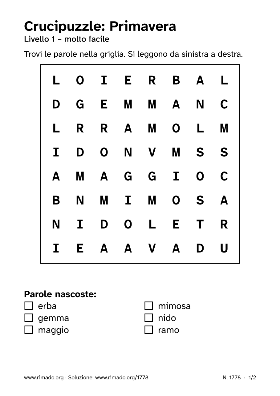 Anteprima del foglio stampato: Crucipuzzle «Primavera», n. 1778