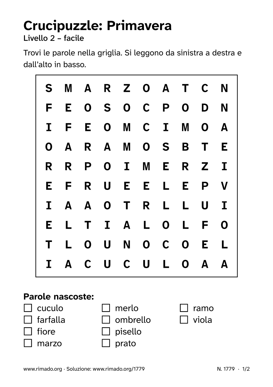 Anteprima del foglio stampato: Crucipuzzle «Primavera», n. 1779