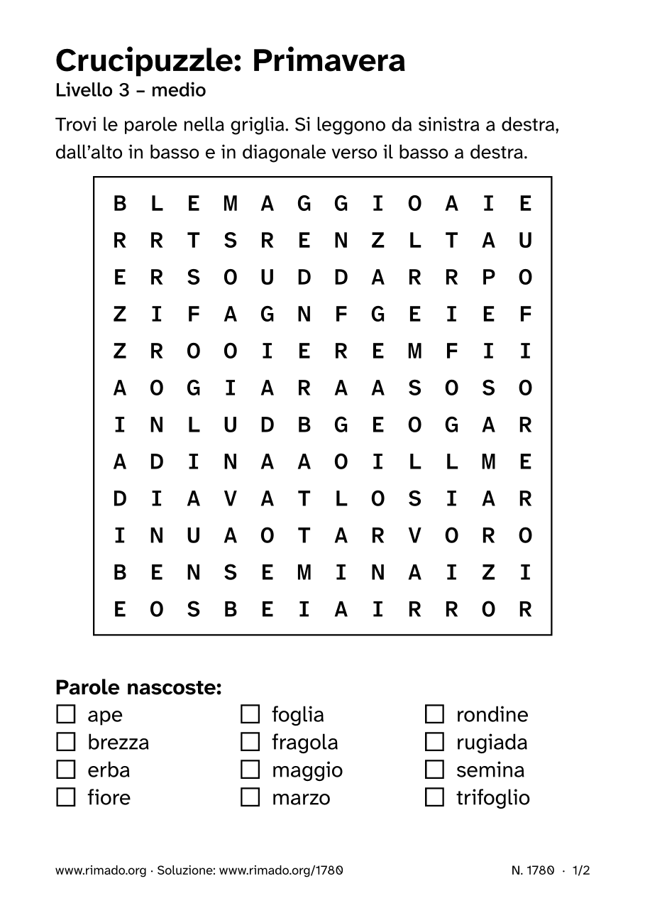 Anteprima del foglio stampato: Crucipuzzle «Primavera», n. 1780