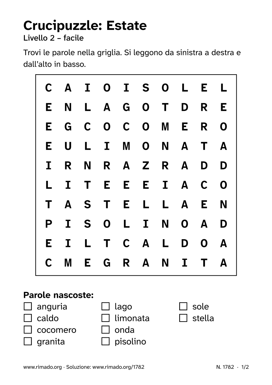 Anteprima del foglio stampato: Crucipuzzle «Estate», n. 1782