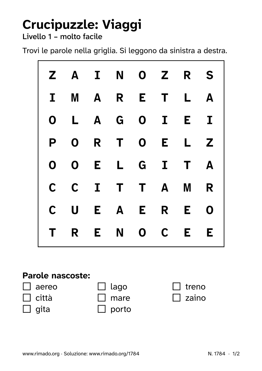 Anteprima del foglio stampato: Crucipuzzle «Viaggi», n. 1784