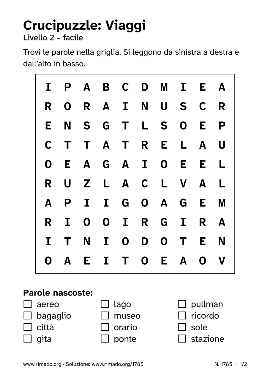 Anteprima del foglio stampato: Crucipuzzle «Viaggi», n. 1785