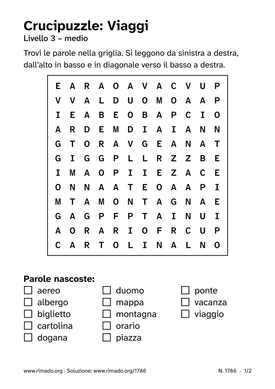 Anteprima del foglio stampato: Crucipuzzle «Viaggi», n. 1786