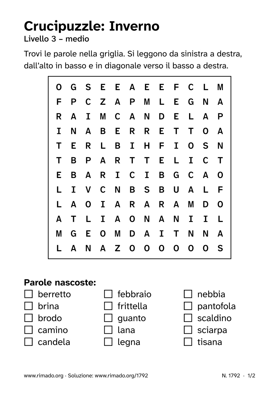 Anteprima del foglio stampato: Crucipuzzle «Inverno», n. 1792