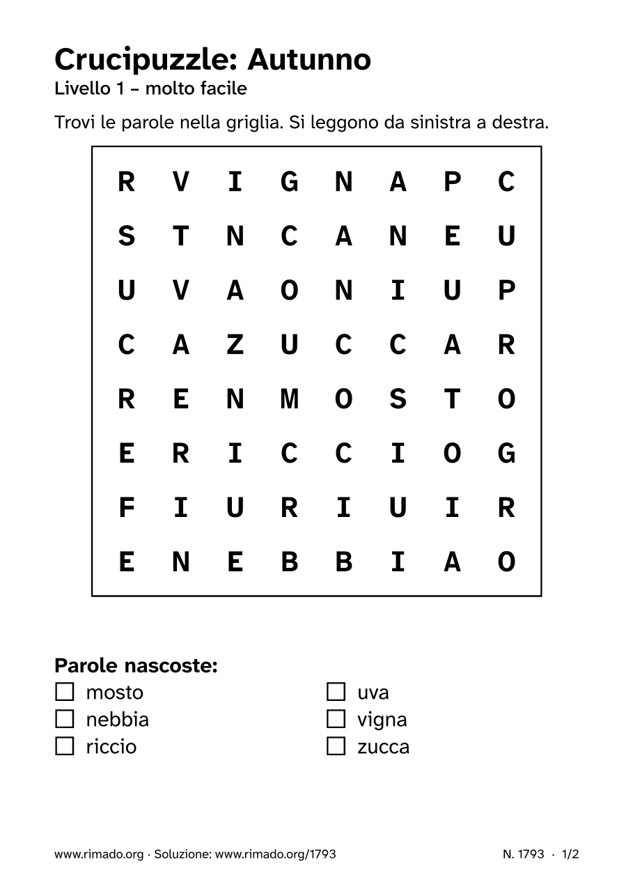 Anteprima del foglio stampato: Crucipuzzle «Autunno», n. 1793