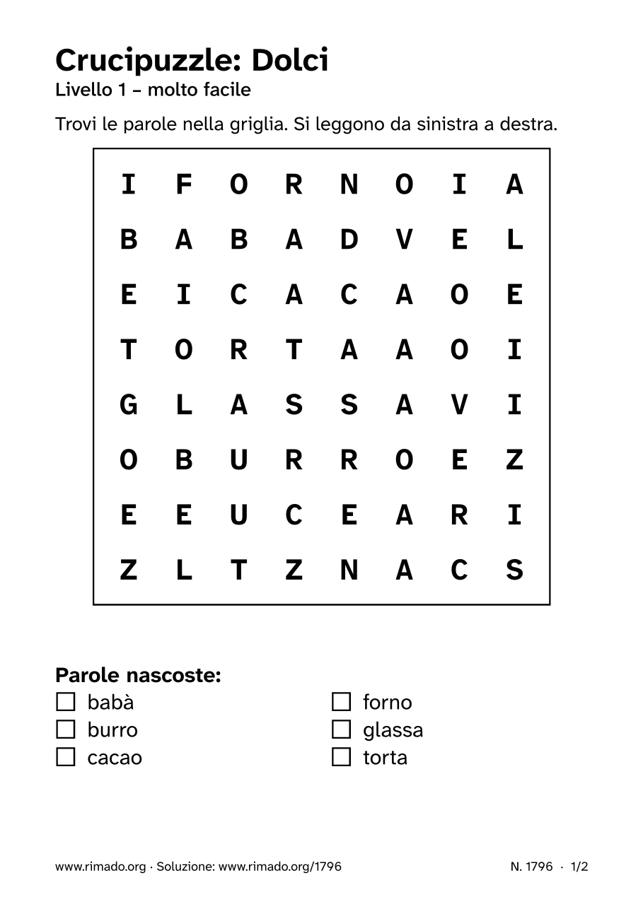 Anteprima del foglio stampato: Crucipuzzle «Dolci», n. 1796