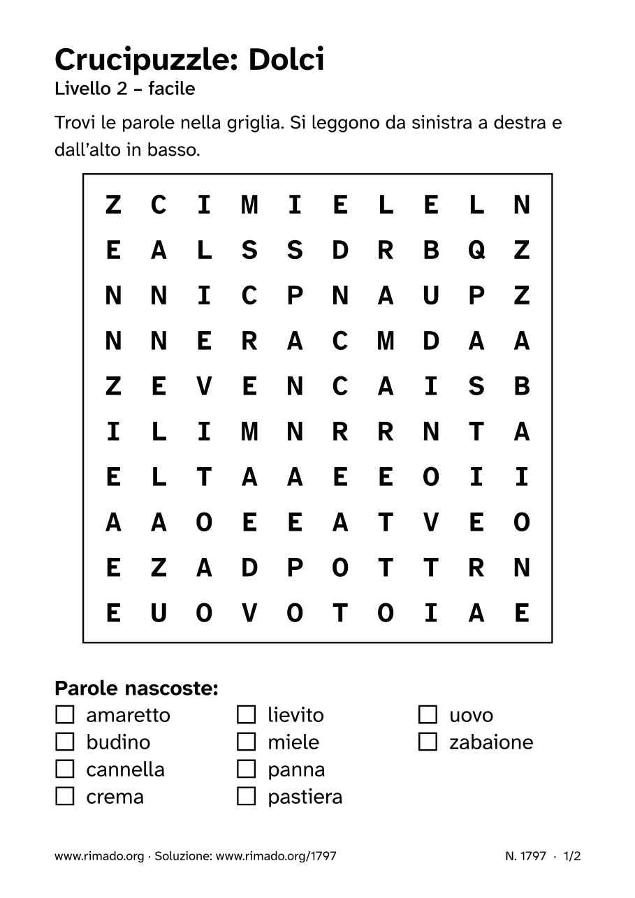 Anteprima del foglio stampato: Crucipuzzle «Dolci», n. 1797
