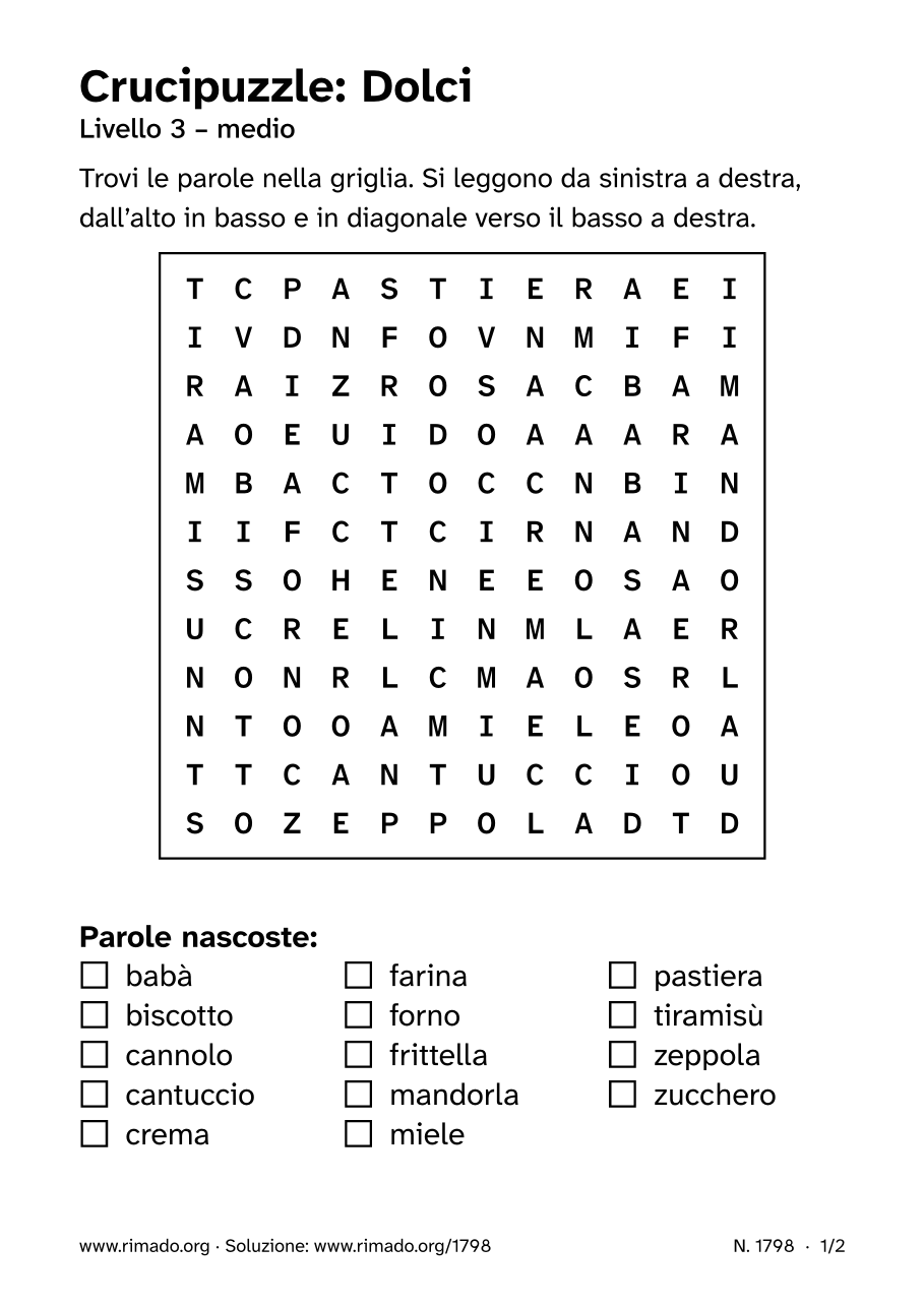 Anteprima del foglio stampato: Crucipuzzle «Dolci», n. 1798