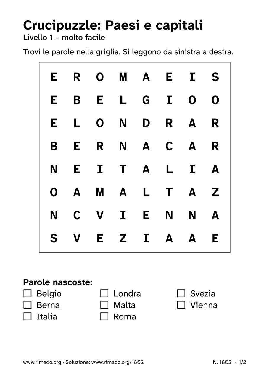 Anteprima del foglio stampato: Crucipuzzle «Paesi e capitali», n. 1802