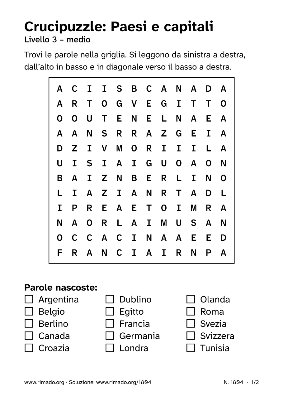 Anteprima del foglio stampato: Crucipuzzle «Paesi e capitali», n. 1804
