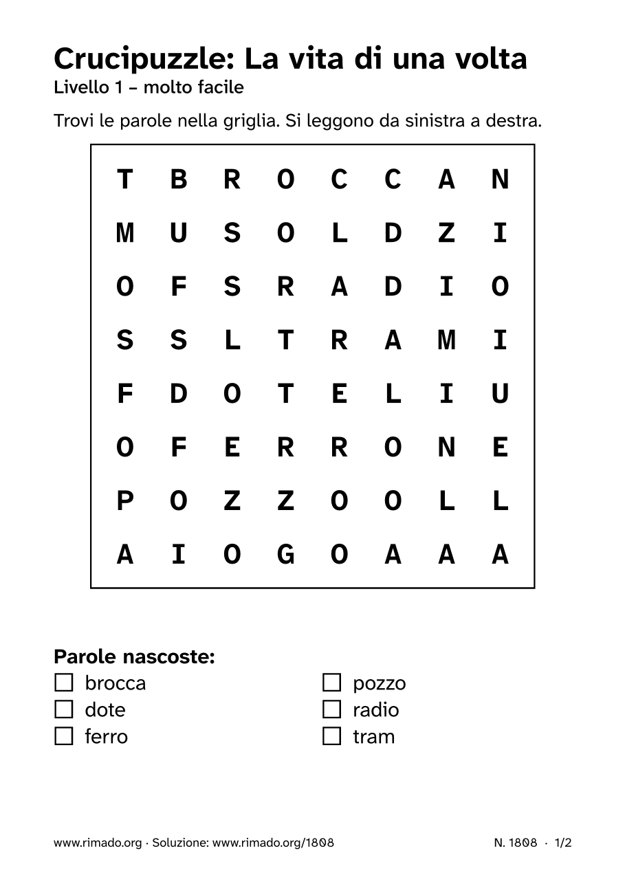 Anteprima del foglio stampato: Crucipuzzle «La vita di una volta», n. 1808