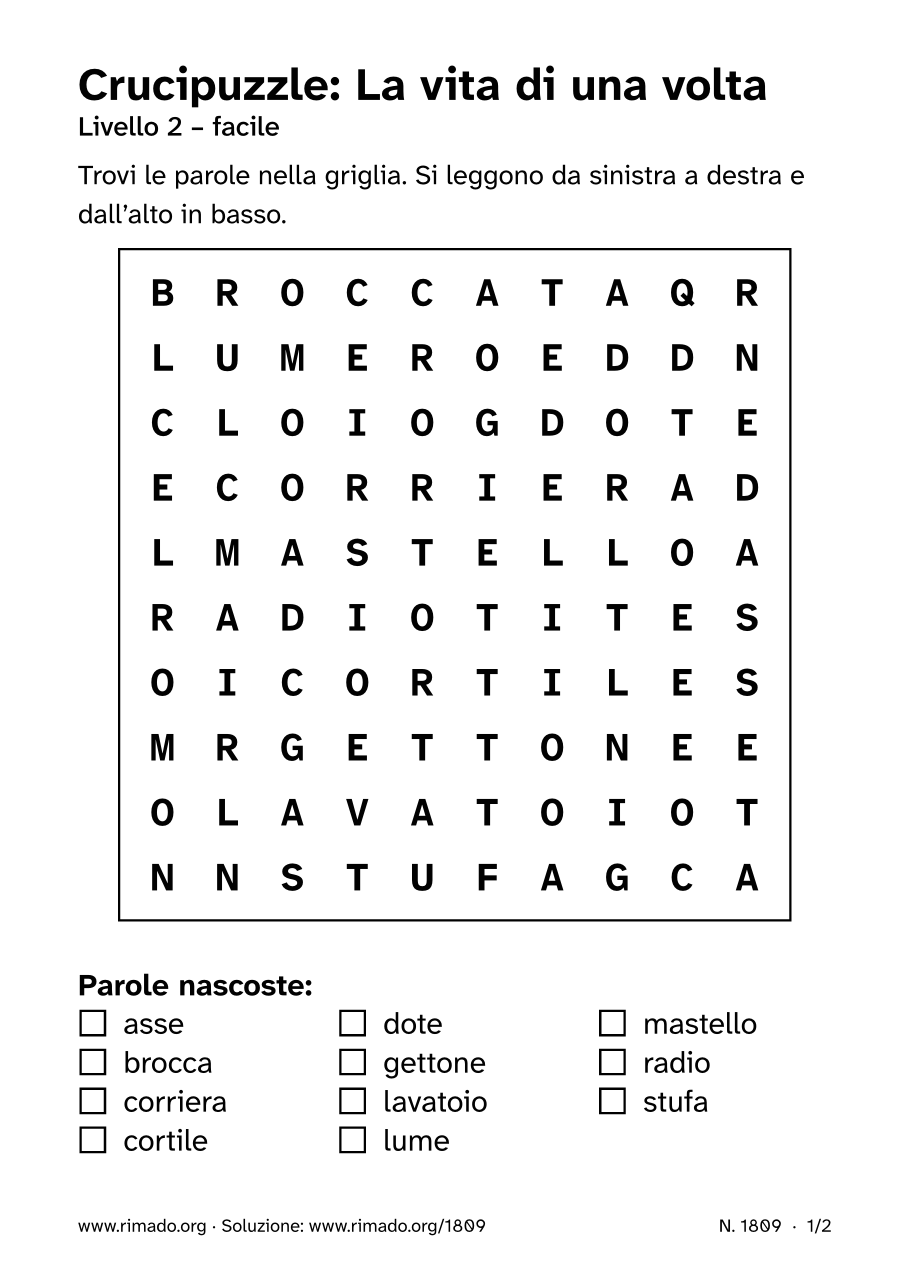 Anteprima del foglio stampato: Crucipuzzle «La vita di una volta», n. 1809