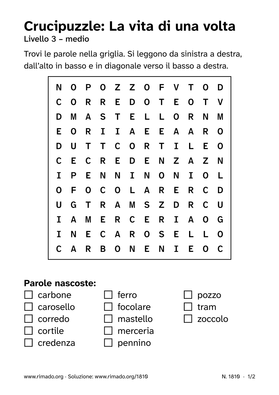 Anteprima del foglio stampato: Crucipuzzle «La vita di una volta», n. 1810
